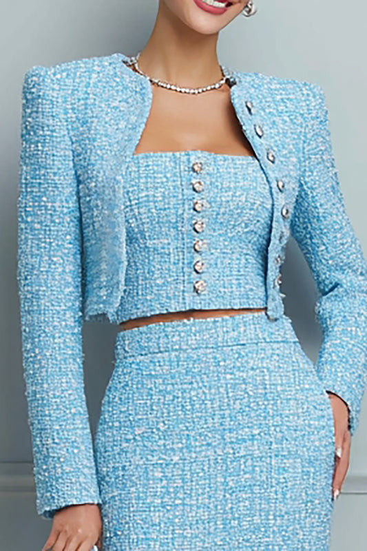 Light Blue 3 Piece Tweed Pencil Midi Pageant Interview Outfits
