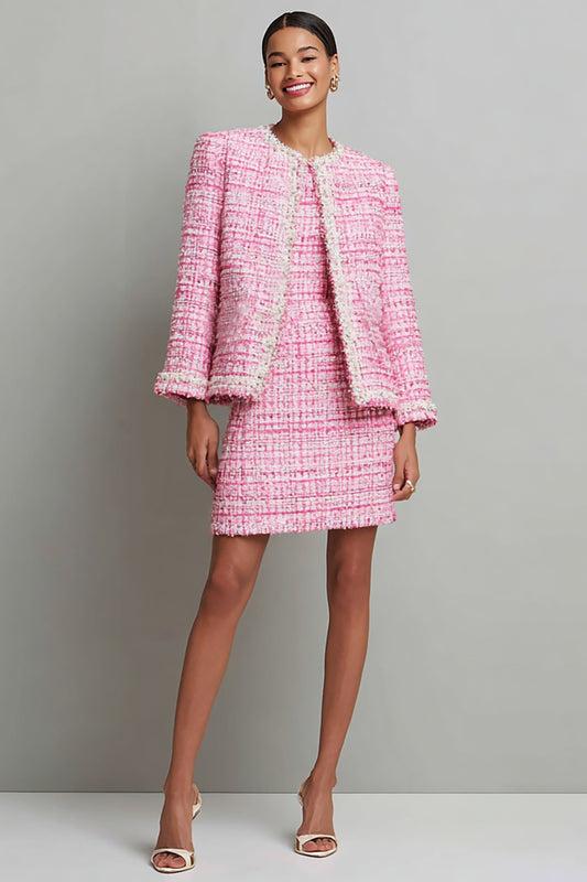 Pink Round Neck Tweed Pencil Short Homecoming Outfits