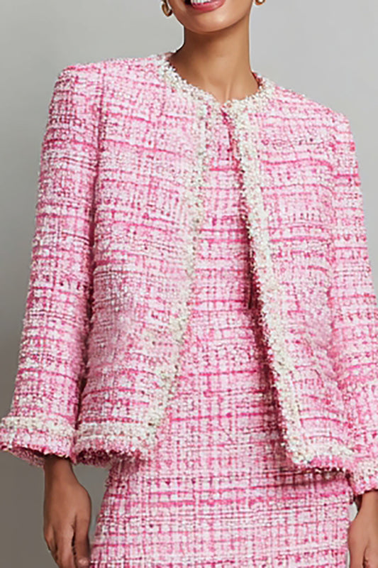 Pink Round Neck Tweed Pencil Short Homecoming Outfits