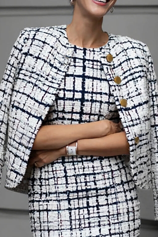 Mix Black Grid Tweed 2 Piece Pencil Midi Pageant Interview Outfits