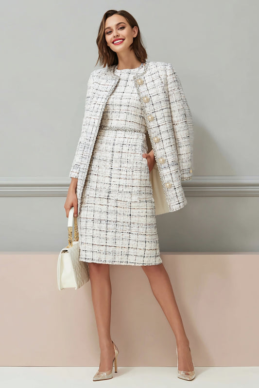 Mix Black Grid 2 Piece Single Breasted Pencil Midi Pageant Interview Outfits