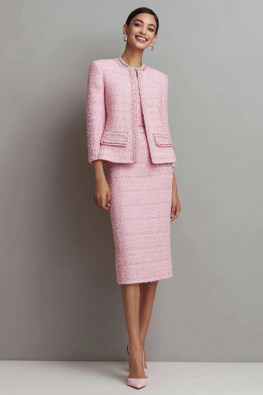 Pink Round Neck 2 Piece Tweed Pencil Midi Pageant Interview Outfits