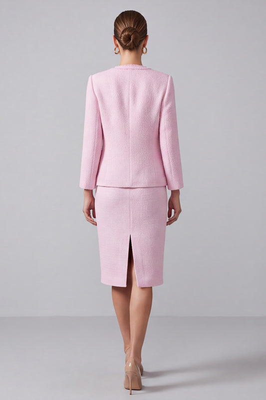 Pink Round Neck 2 Piece Tweed Pencil Midi Pageant Interview Outfits