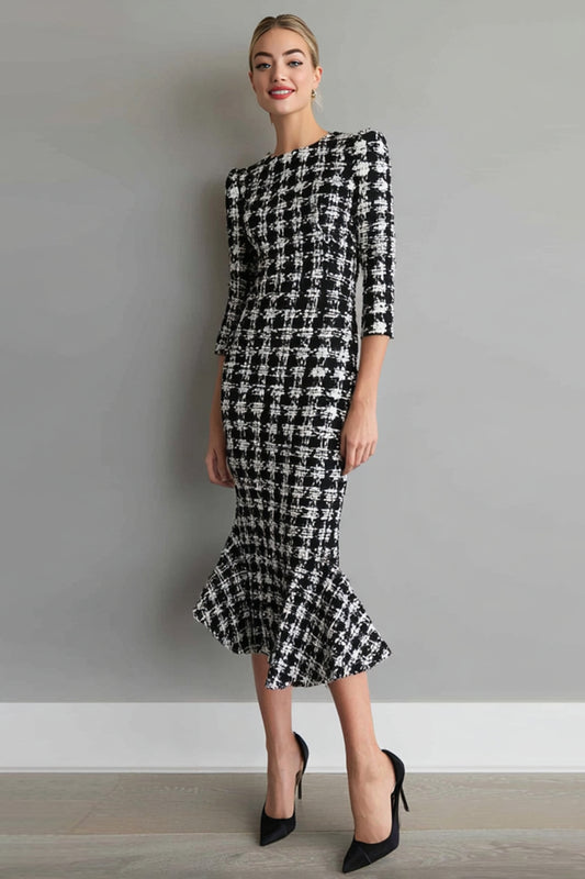 Mix Black Grid Tweed Mermaid Bateau Neck Midi Work Dress