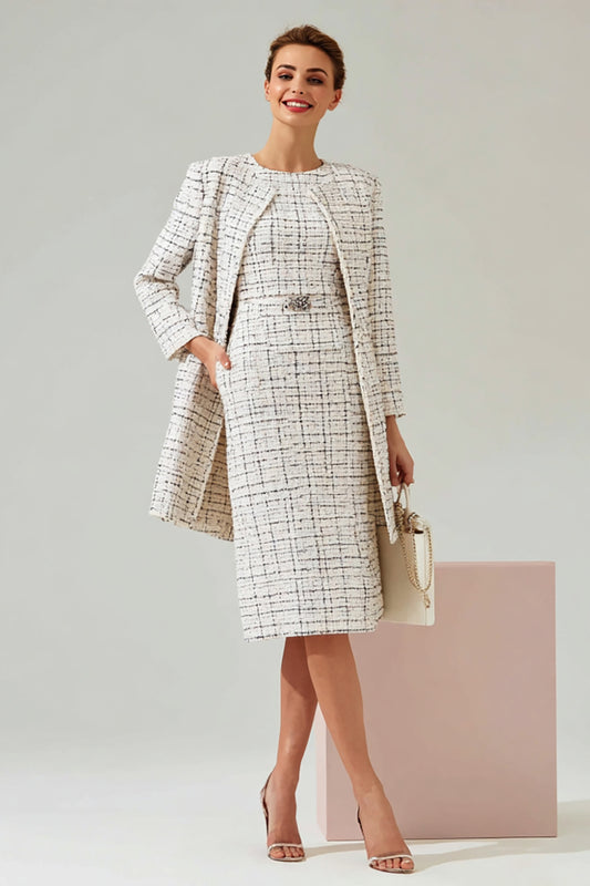 Mix Black Grid 2 Piece Round Neck Tweed Midi Pageant Interview Outfits