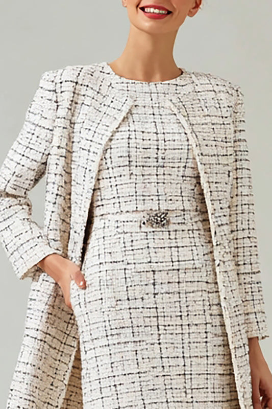 Mix Black Grid 2 Piece Round Neck Tweed Midi Pageant Interview Outfits