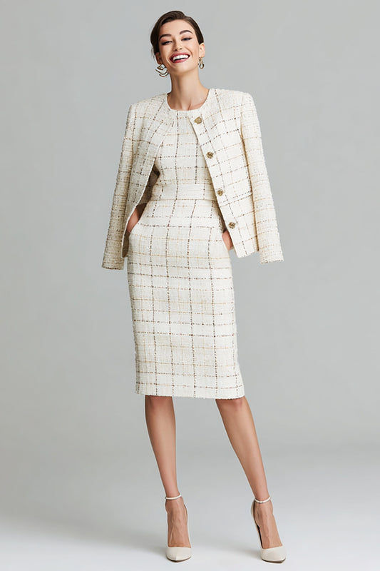 Mix Black Grid 2 Piece Tweed Pencil Midi Pageant Interview Outfits with Pockets