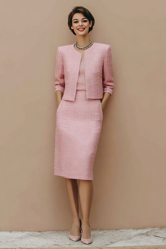 Pink Tweed 2 Piece Pencil Midi Pageant Interview Outfits with Pockets