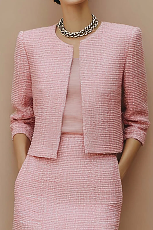 Pink Tweed 2 Piece Pencil Midi Pageant Interview Outfits with Pockets