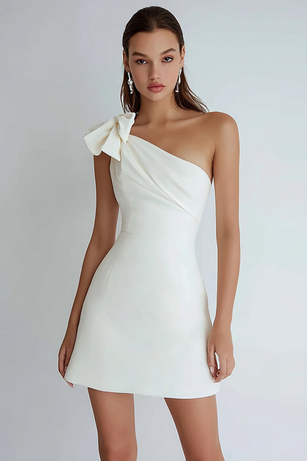 Zapakasa Women Ivory Satin Short Graduation Dress with Bow One Shoulder A Line Little White Dress Zapakasa Women Ivory Satin Short Graduation Dress with Bow One Shoulder A Line Little White Dress