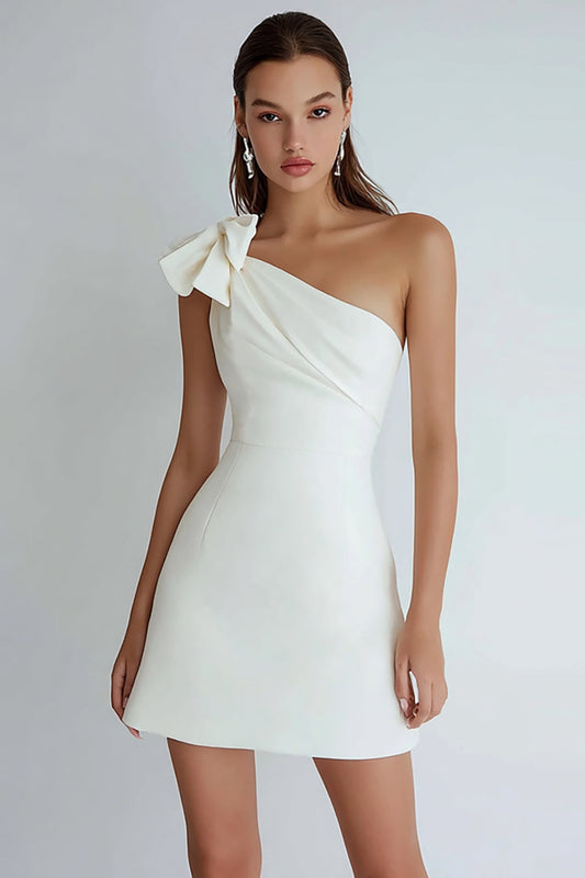 Ivory Satin One Shoulder Short A Line Graduation Dress with Bow