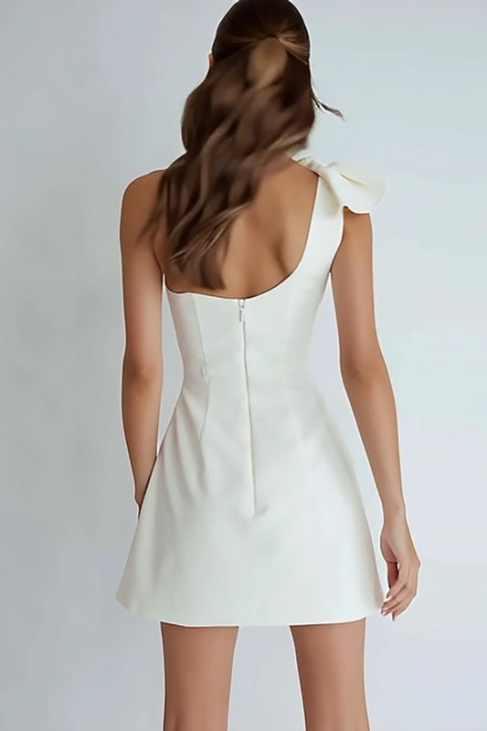 Ivory Satin One Shoulder Short A Line Graduation Dress with Bow