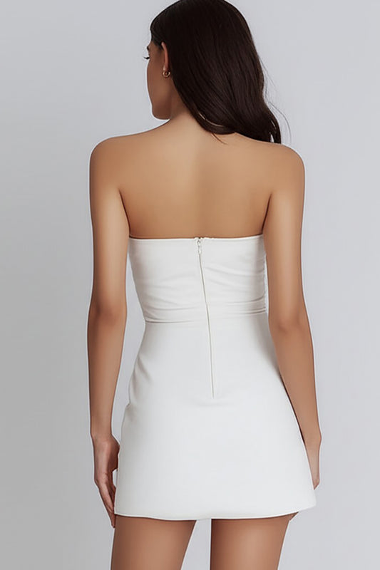 Ivory Strapless Satin Ruched Short A-Line Graduation Dress