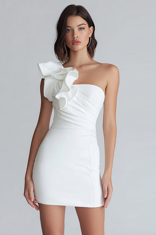 Ivory One Shoulder Satin Short Tight Graduation Dress