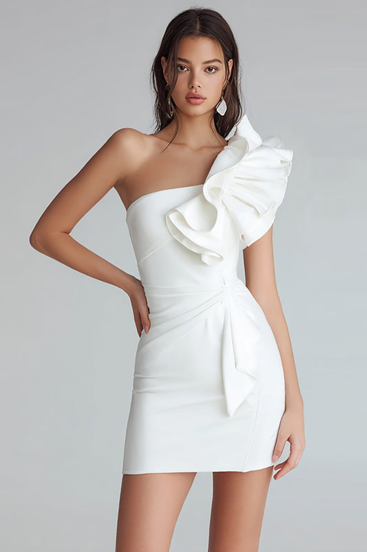 Ivory Satin One Shoulder Short Tight Graduation Dress with Ruffles