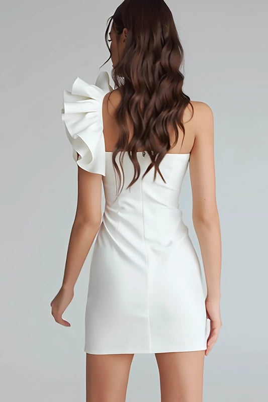 Ivory Satin One Shoulder Short Tight Graduation Dress with Ruffles