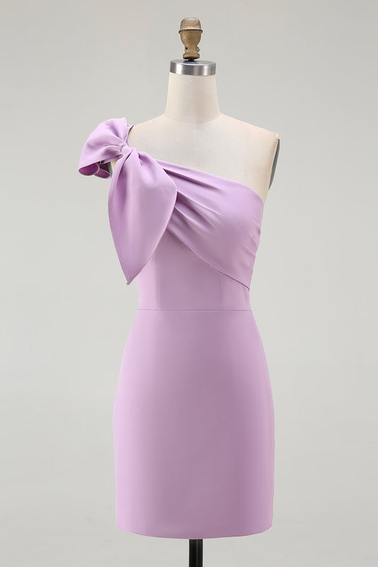 Lilac Satin One Shoulder Short Tight Graduation Dress with Bow