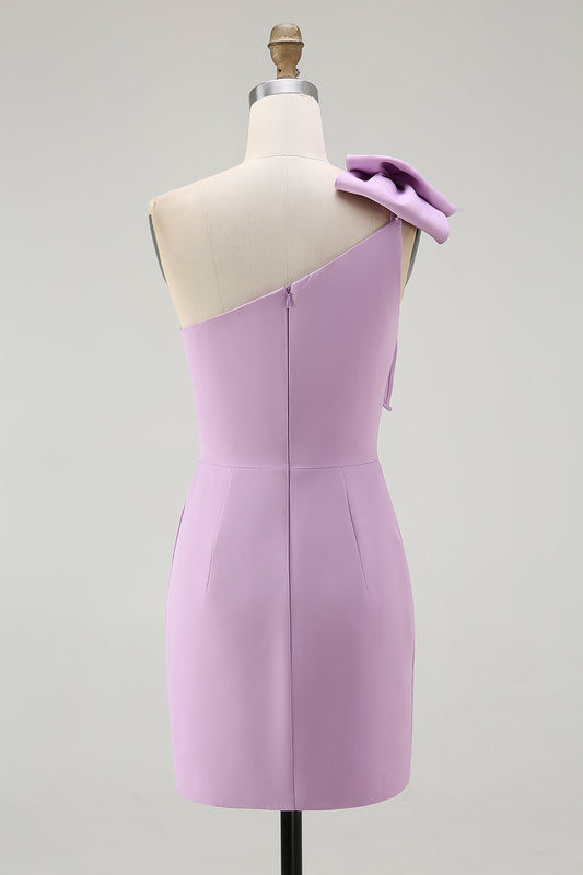 Lilac Satin One Shoulder Short Tight Graduation Dress with Bow