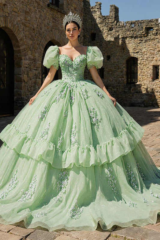 Light Green Puff Sleeves Tulle Appliqued Princess Quinceanera Dress with Ruffles