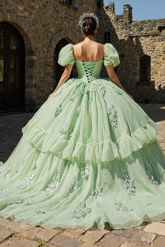 Light Green Puff Sleeves Tulle Appliqued Princess Quinceanera Dress with Ruffles