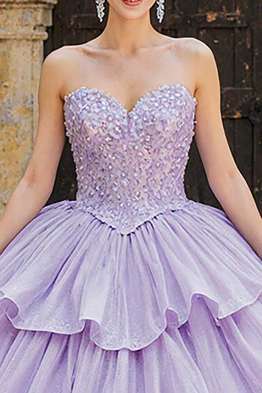 Sparkly Lilac Sweetheart Tulle Ruffled Princess Quinceanera Dress with Appliques