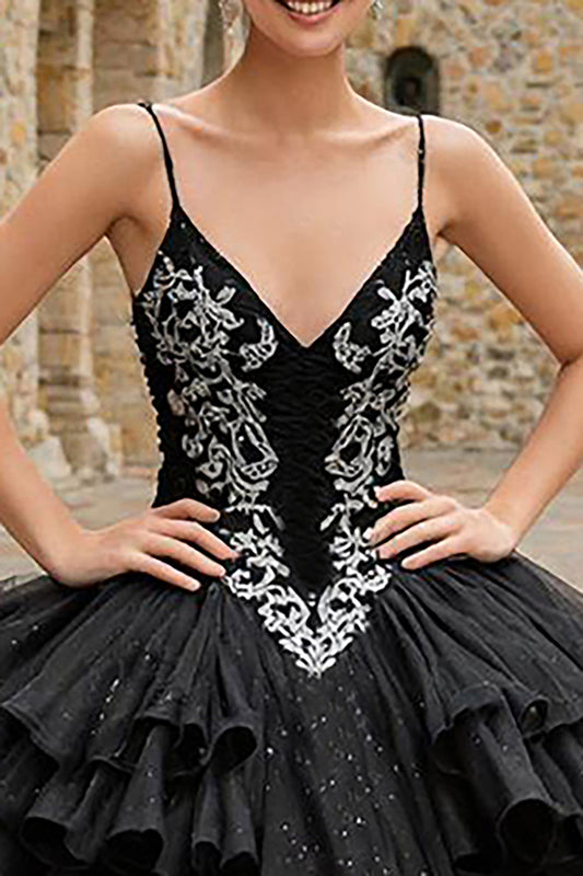 Glitter Black Spaghetti Straps Tulle Ruffled Princess Quinceanera Dress with Appliques