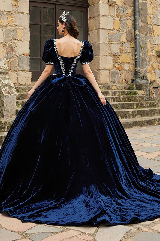 Navy Sweetheart Puff Sleeves Velvet Princess Quinceanera Dress with Appliques