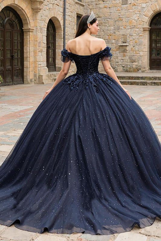 Sparkly Navy Off the Shoulder Tulle Princess Corset Appliqued Quinceanera Dress with Beading