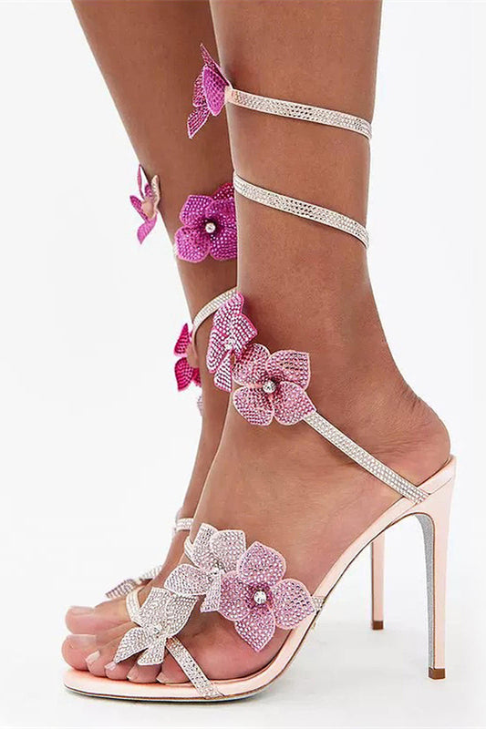 Glitter Beaded Flowers Pink Wrap Up Strappy Gladiator High Heeled Sandals