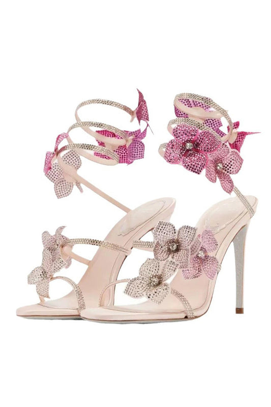 Glitter Beaded Flowers Pink Wrap Up Strappy Gladiator High Heeled Sandals