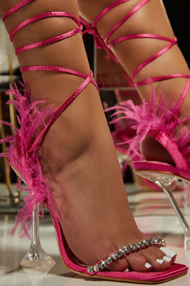 Fuchsia Strappy Gladiator Stiletto High Heel Sandals with Feather
