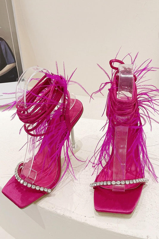 Fuchsia Strappy Gladiator Stiletto High Heel Sandals with Feather