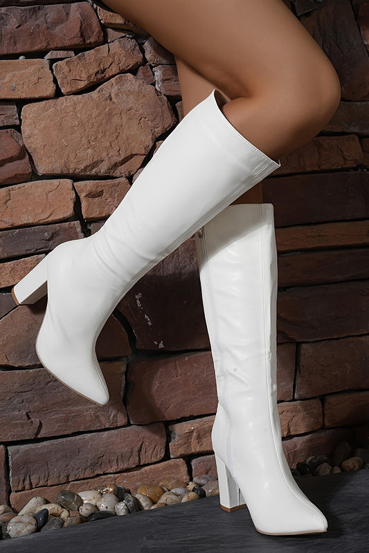 White Go Go Knee High Pointed Toe Chunky Heel Boots