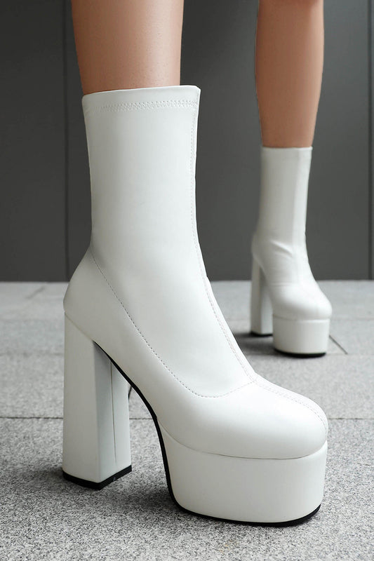 White Go Go Round Toe Chunky Platform Heeled Ankle Boots