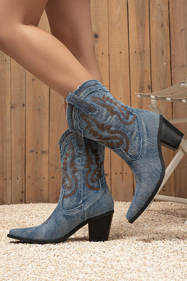 Dark Blue Embroidered Wide Calf Chunky Heel Western Cowgirl Boots