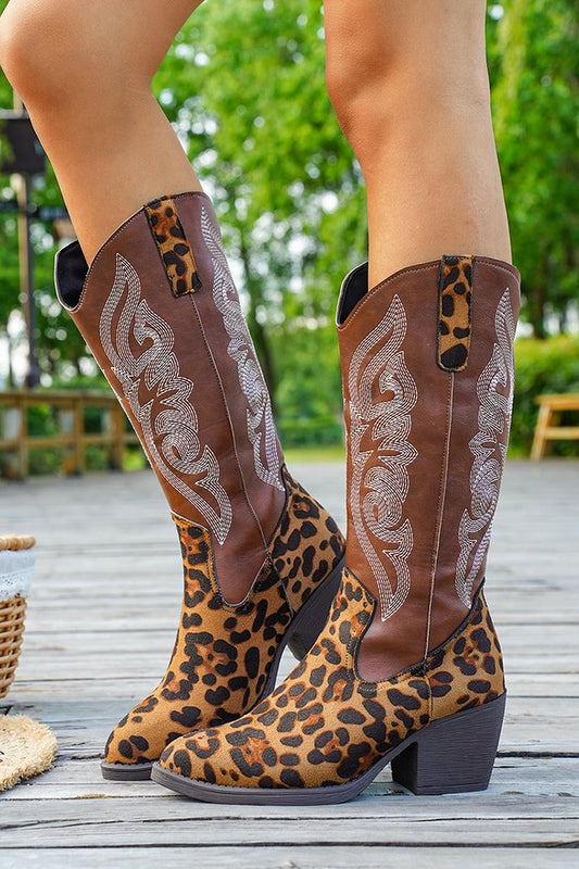 Brown Leopard Wide Calf Western Cowgirl Pointed Toe Chunky Heel Boots