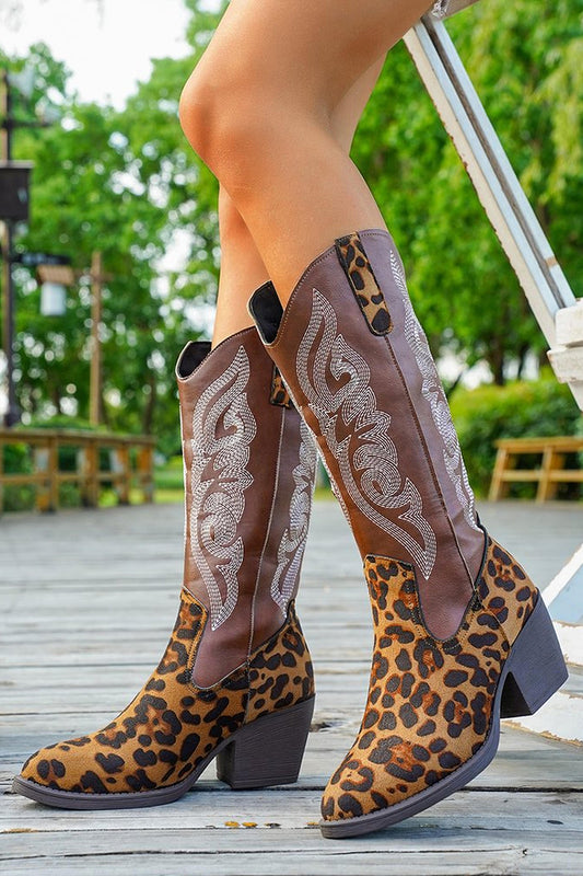 Brown Leopard Wide Calf Western Cowgirl Pointed Toe Chunky Heel Boots