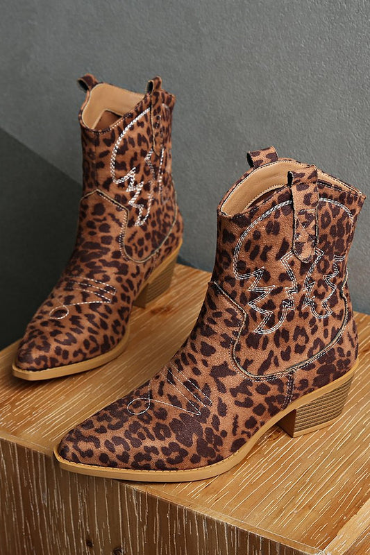Brown Leopard Wide Calf Cowgirl Pointed Toe Chunky Heel Ankle Boots