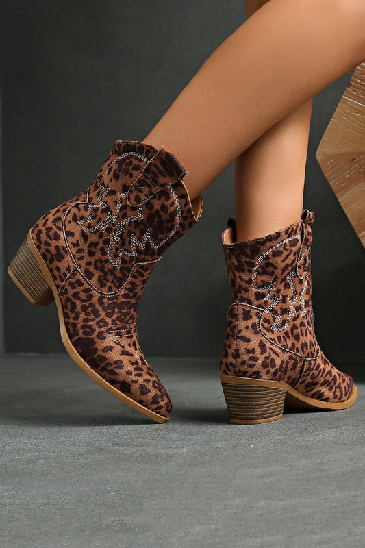 Brown Leopard Wide Calf Cowgirl Pointed Toe Chunky Heel Ankle Boots