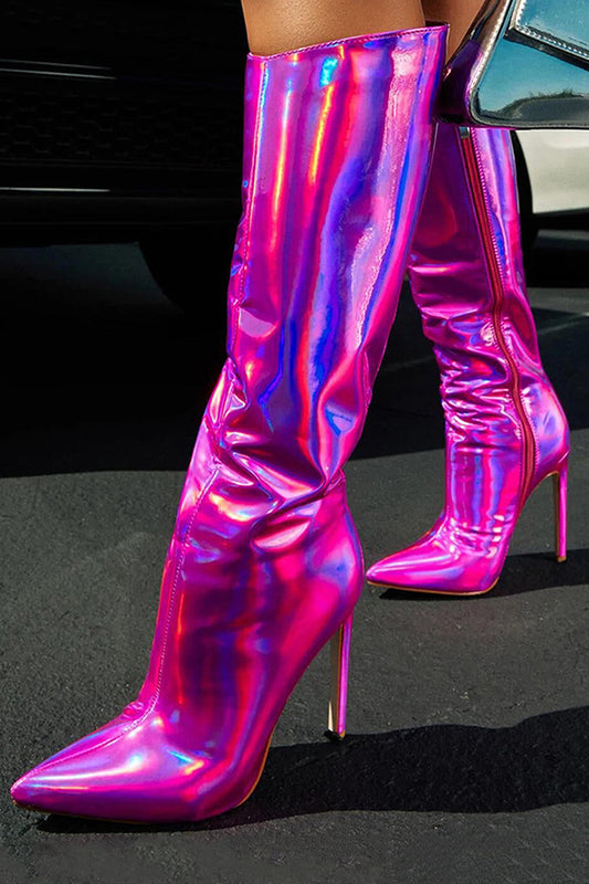 Sparkly Hot Pink Knee High Stiletto High Heel Boots