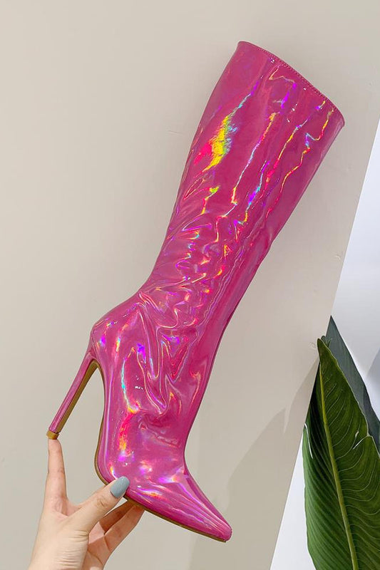 Sparkly Hot Pink Knee High Stiletto High Heel Boots