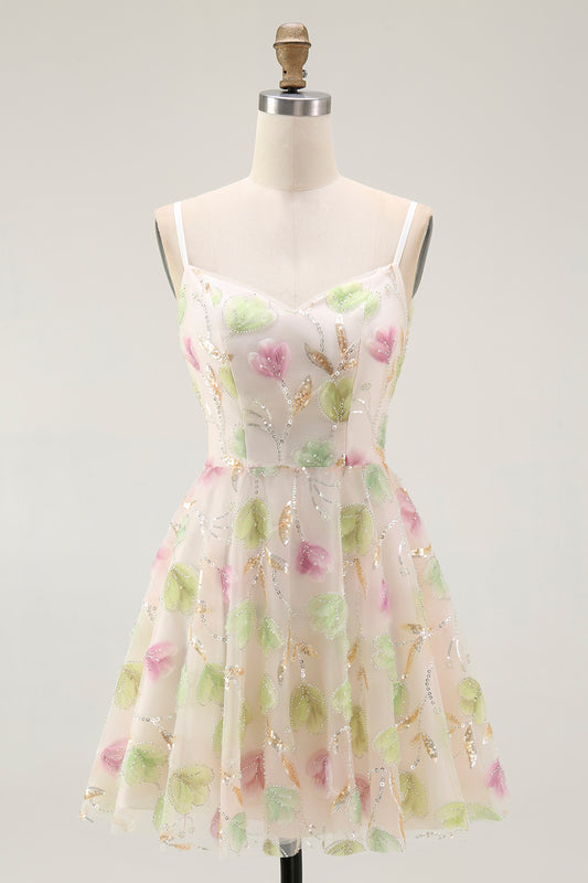 Sparkly Apricot Floral A Line Short Homecoming Dress with Sequins