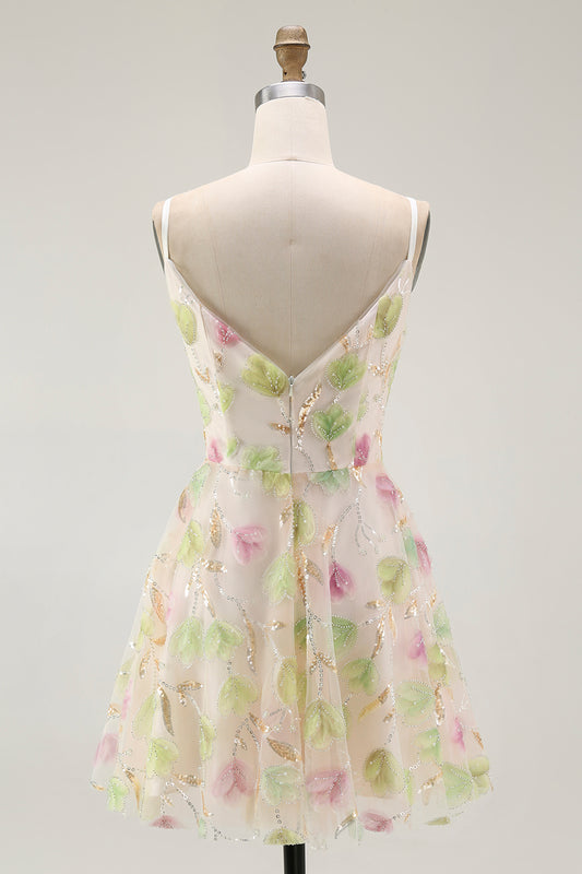 Sparkly Apricot Floral A Line Short Homecoming Dress with Sequins