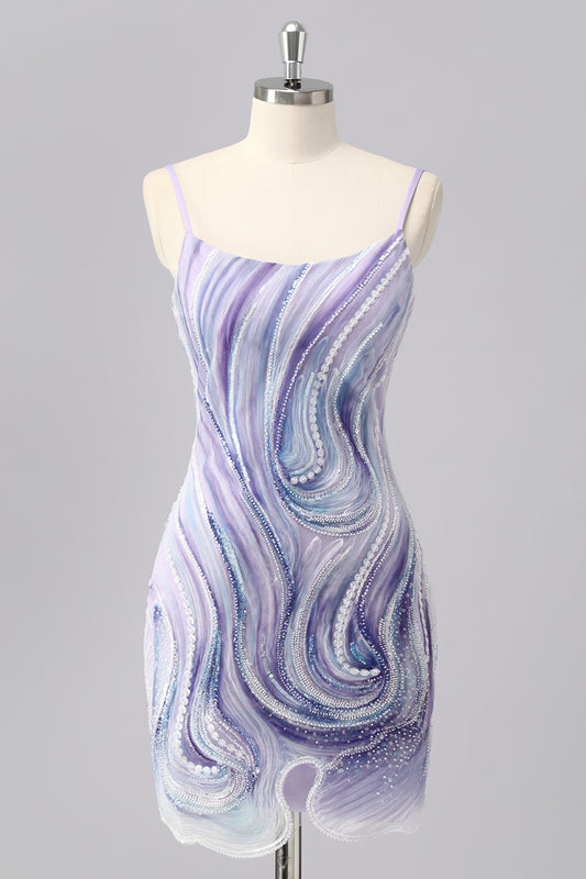 Sparkly Lilac Tight Spaghetti Straps Short Homecoming Dress with Beading