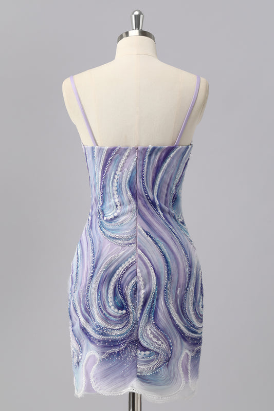 Sparkly Lilac Tight Spaghetti Straps Short Homecoming Dress with Beading