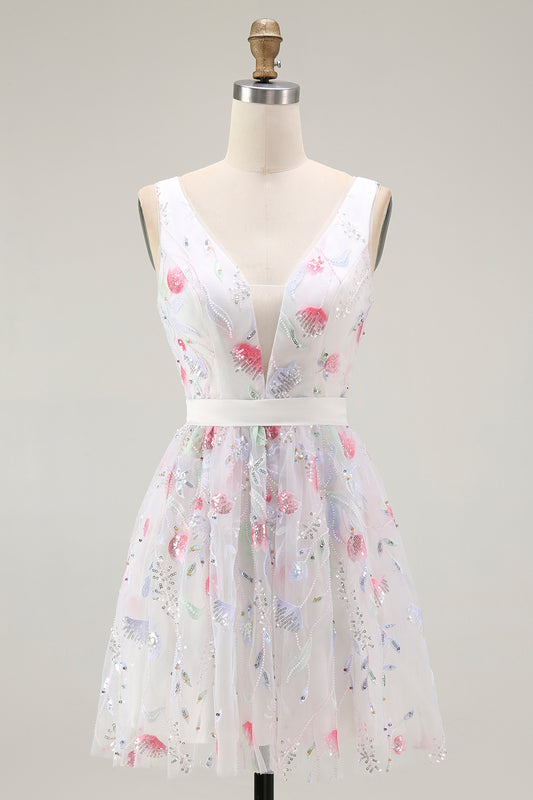 Sparkly White V-Neck A Line Short Homecoming Dress with Sequins