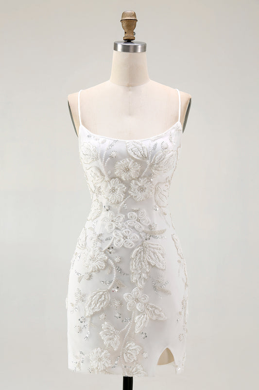 Sparkly White Tight Floral Short Homecoming Dress with Beading