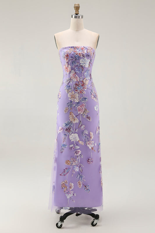 Sparkly Purple Strapless Floral Long Prom Dress with Beading