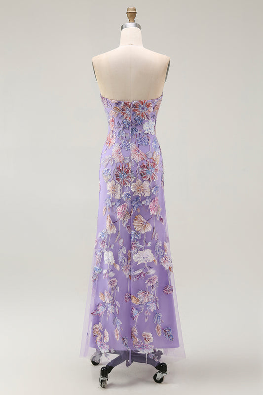 Sparkly Purple Strapless Floral Long Prom Dress with Beading