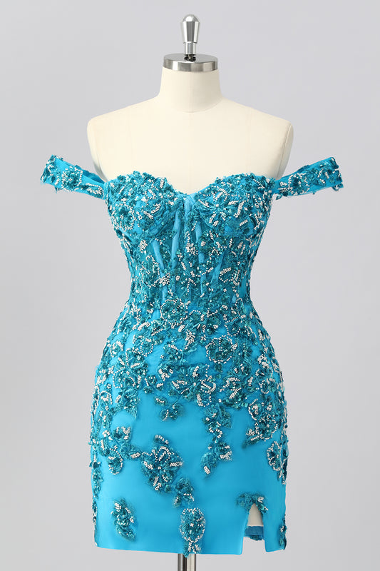 Sparkly Blue Corset Off the Shoulder Short Homecoming Dress with Beading